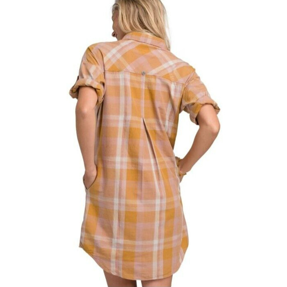 PrAna Deryn Champagne Plaid Roll Tab Sleeve Dress Large Active Camping Outdoors - Picture 6 of 16